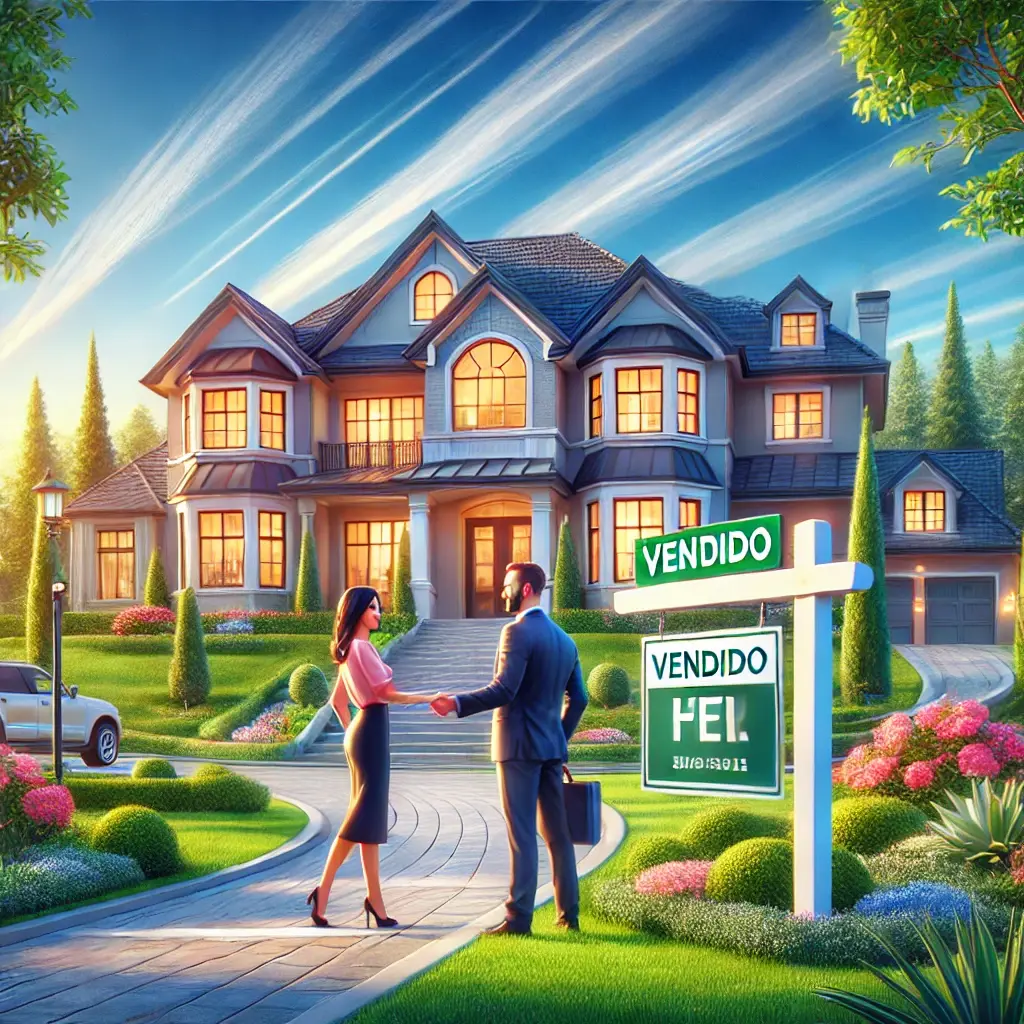 DALL·E 2024-10-07 16.45.15 - A vibrant scene of a luxurious suburban home with a Vendido sign in front, surrounded by lush landscaping and a clear blue sky. The home is modern, 