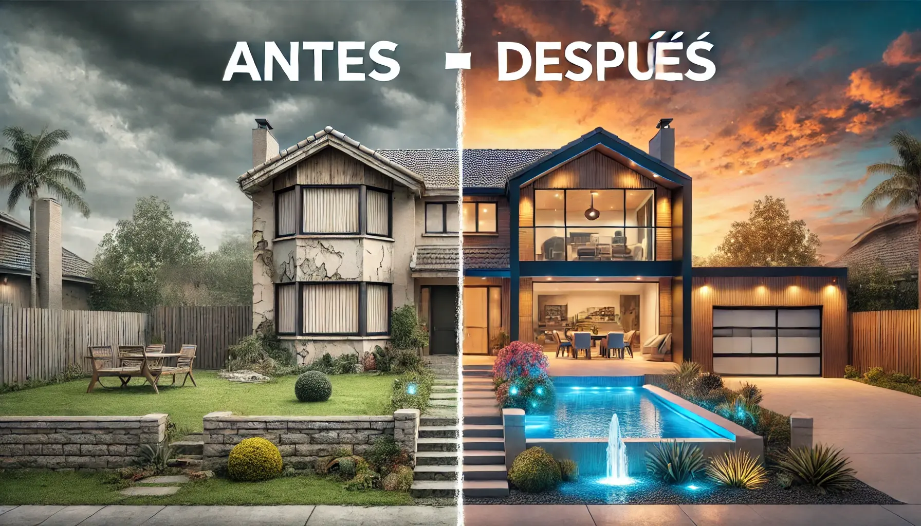 DALL·E 2024-10-07 16.48.47 - A split-screen image showing a before and after transformation of a home to illustrate maximizing property value, with Spanish labels. On the left s